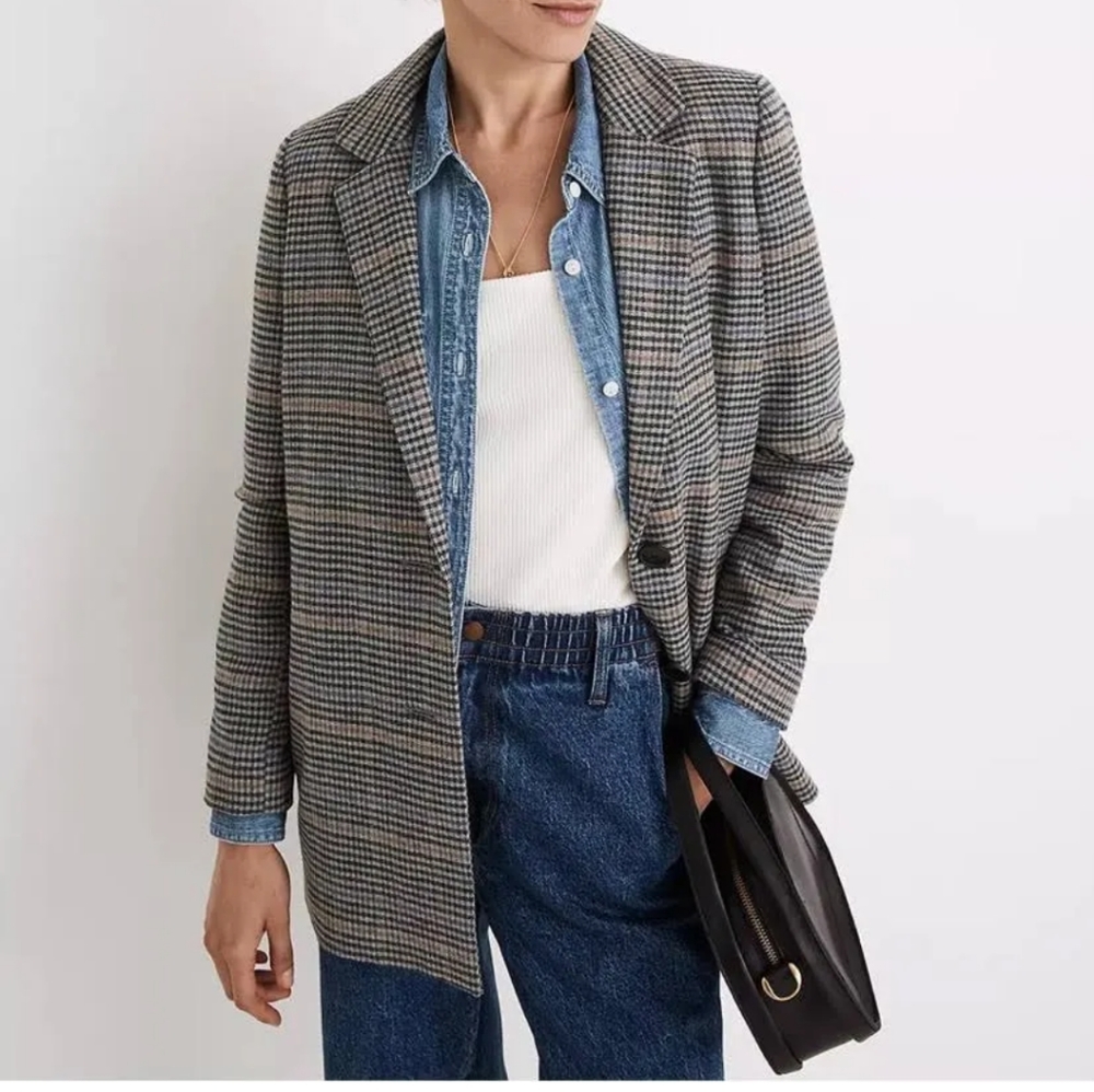 Madewell Dorset Oversized Boyfriend Wool Tweed Blazer Jacket Navy Glenplaid XS